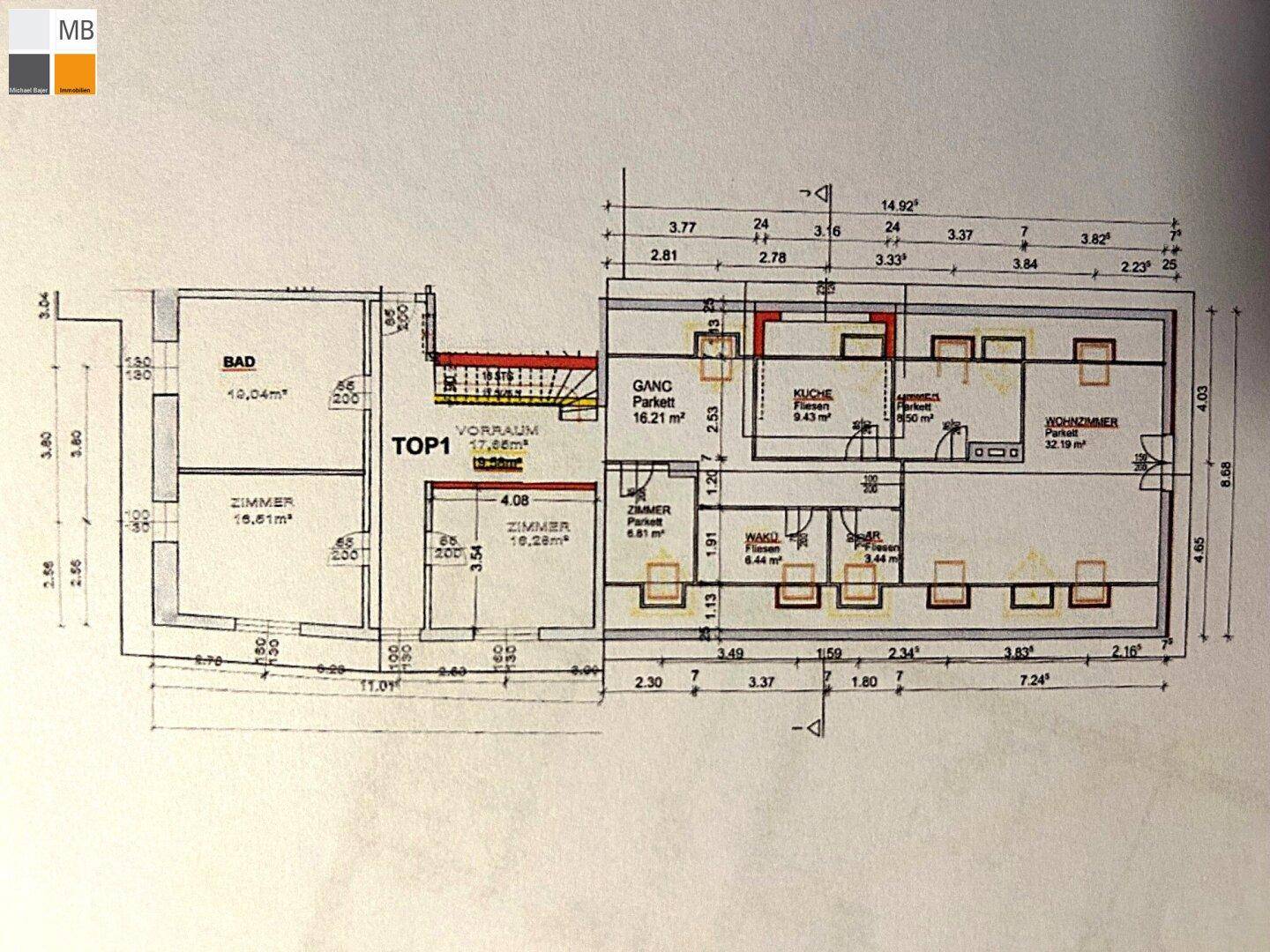 Detaillierter Grundrissplan einer Wohneinheit mit Zimmeraufteilung und Flächenangaben.