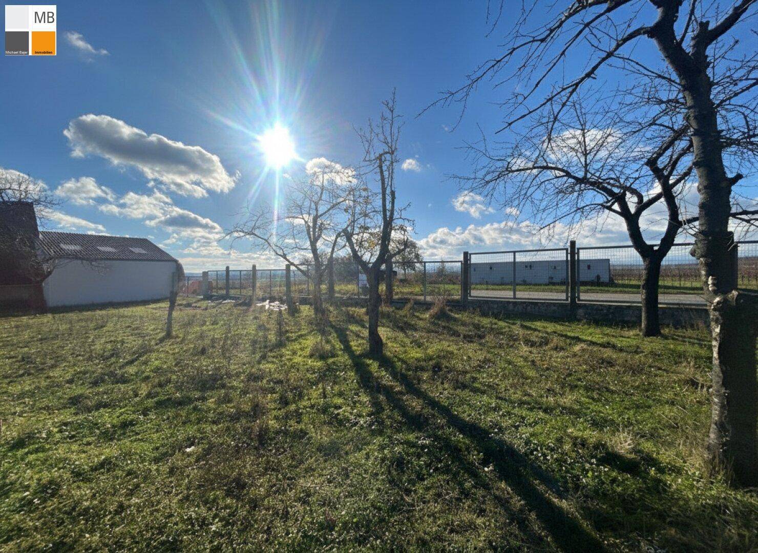 Sonniges Grundstück mit Wiese, Bäumen und einem Zaun, der das Gelände begrenzt.
