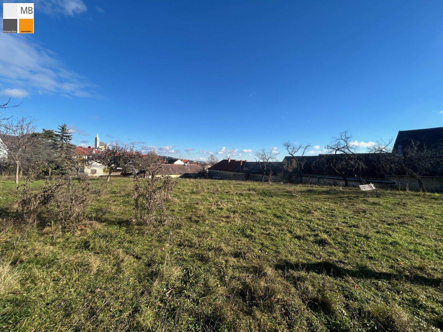 Großes Grundstück mit Wiese und Bäumen, umgeben von ländlicher Bebauung unter blauem Himmel.