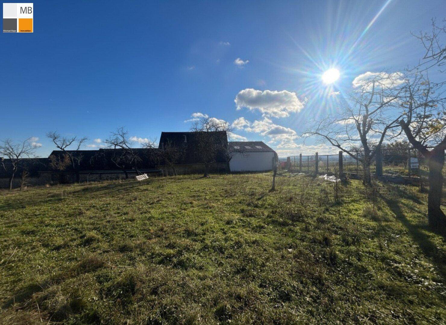 Weitläufiges Grundstück mit grüner Wiese, Bäumen und einem Gebäude im Hintergrund unter blauem Himmel.