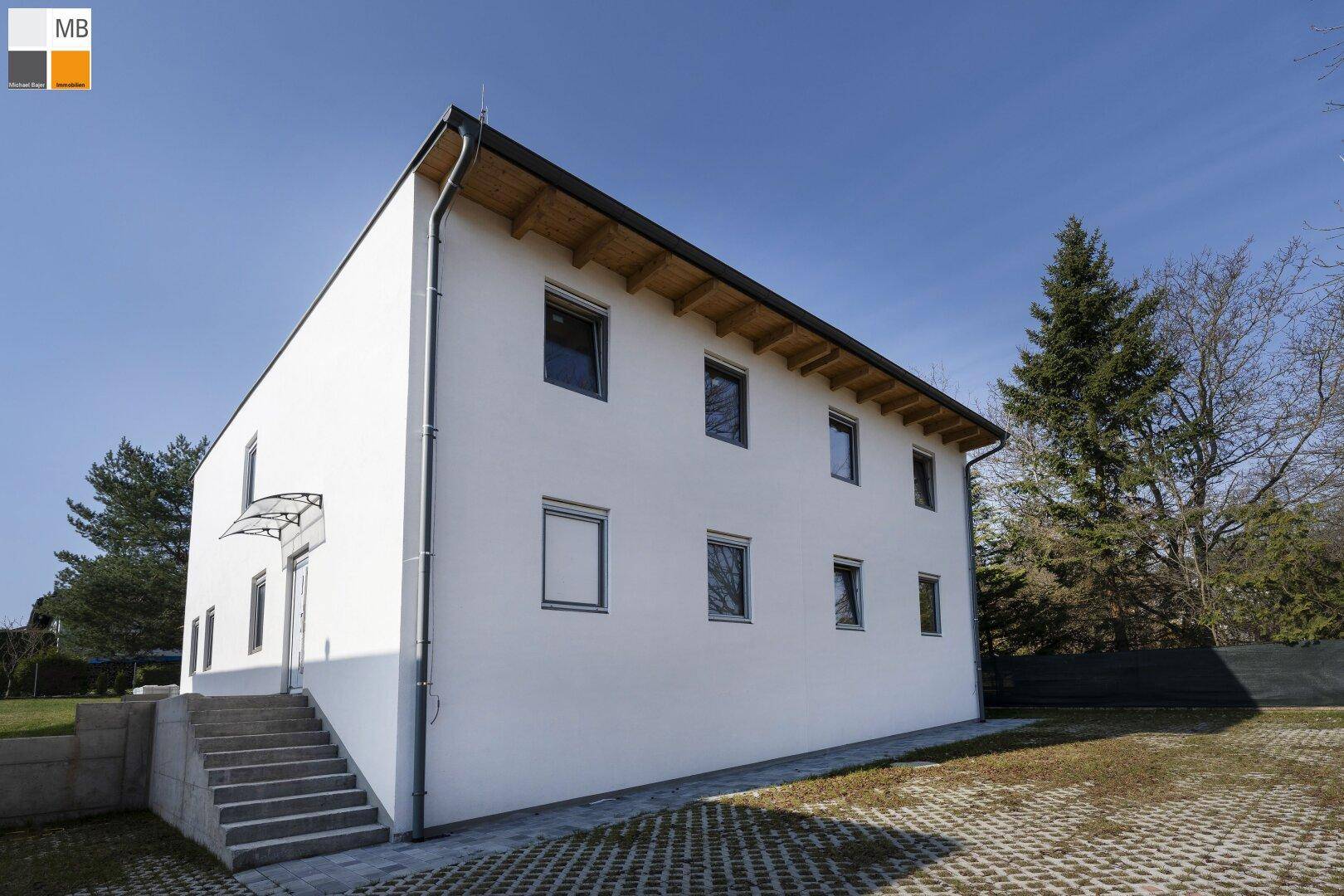 Seitenansicht des modernen Hauses mit Eingangsbereich und gepflasterter Zufahrt.