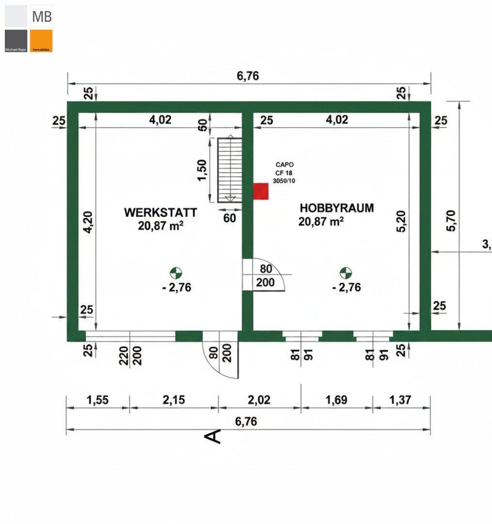 Grundriss des Untergeschosses mit Werkstatt und Hobbyraum, inklusive Maßangaben.