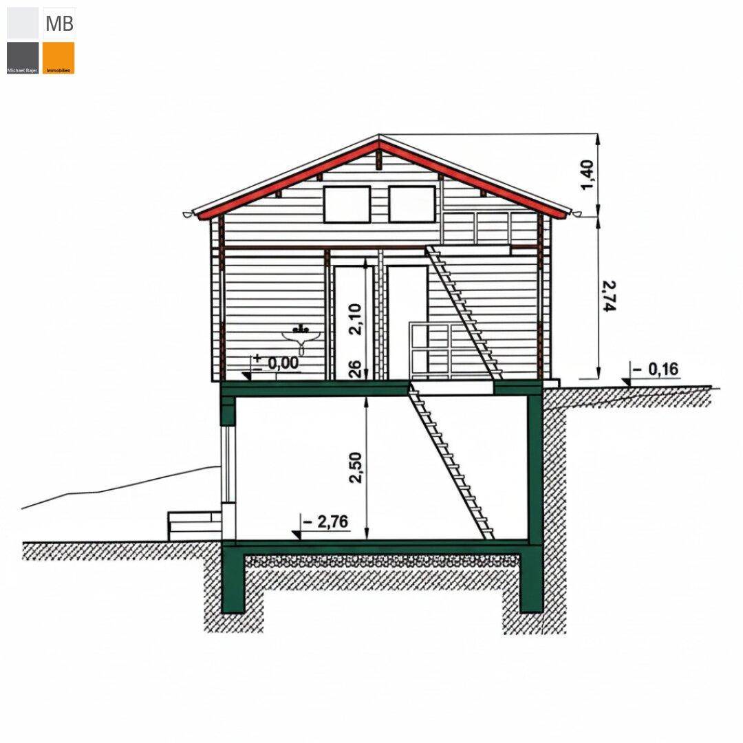 Architektonischer Schnitt des Hauses, der die zwei Obergeschosse und das Untergeschoss darstellt.