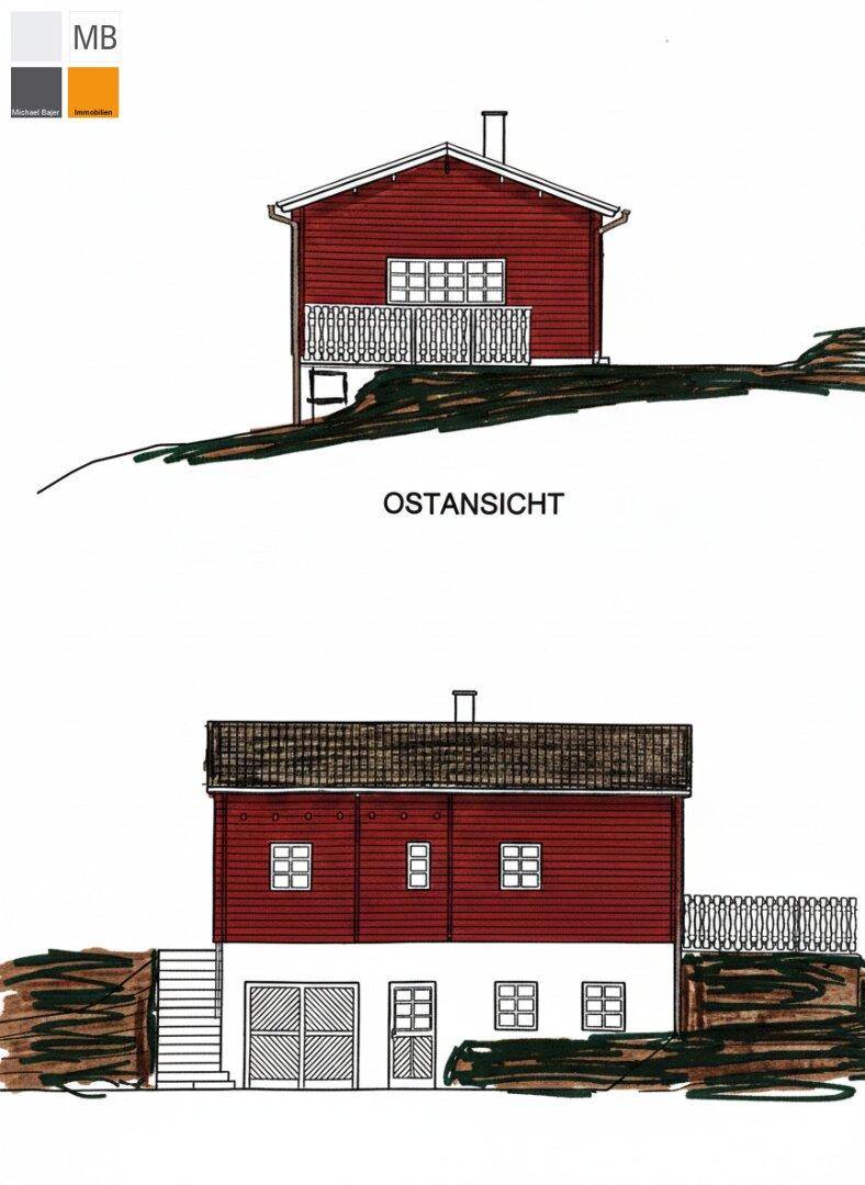 Architektonische Zeichnungen eines Hauses mit Balkon, Garage und Außentreppe.