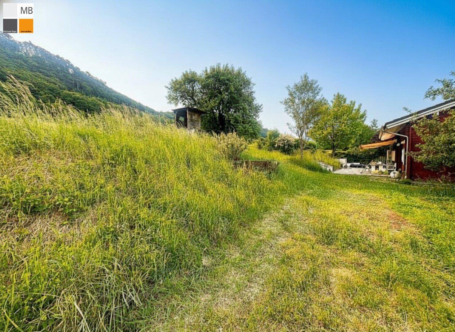 Grüne Wiese mit leichter Hanglage, die zu einem roten Haus mit Markise und Sitzbereich führt.