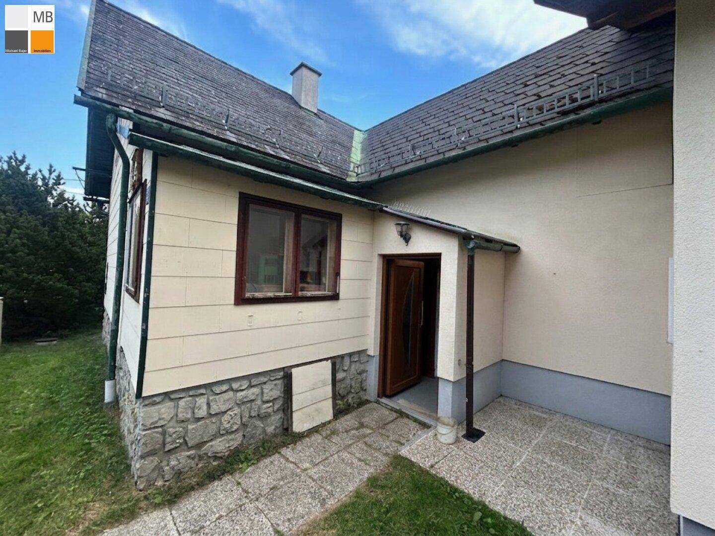 Eingangsbereich des Hauses mit Holztür, gepflastertem Vorplatz und schiefergedecktem Dach.