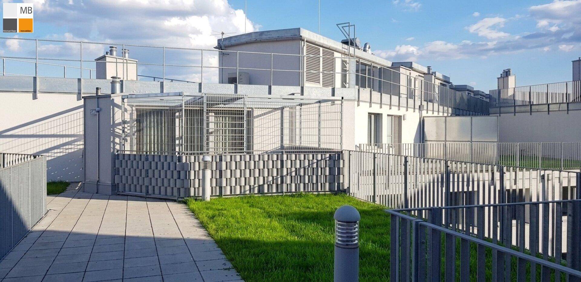 Weitläufige Dachterrasse mit Grünflächen und modernen Gebäudestrukturen unter blauem Himmel.