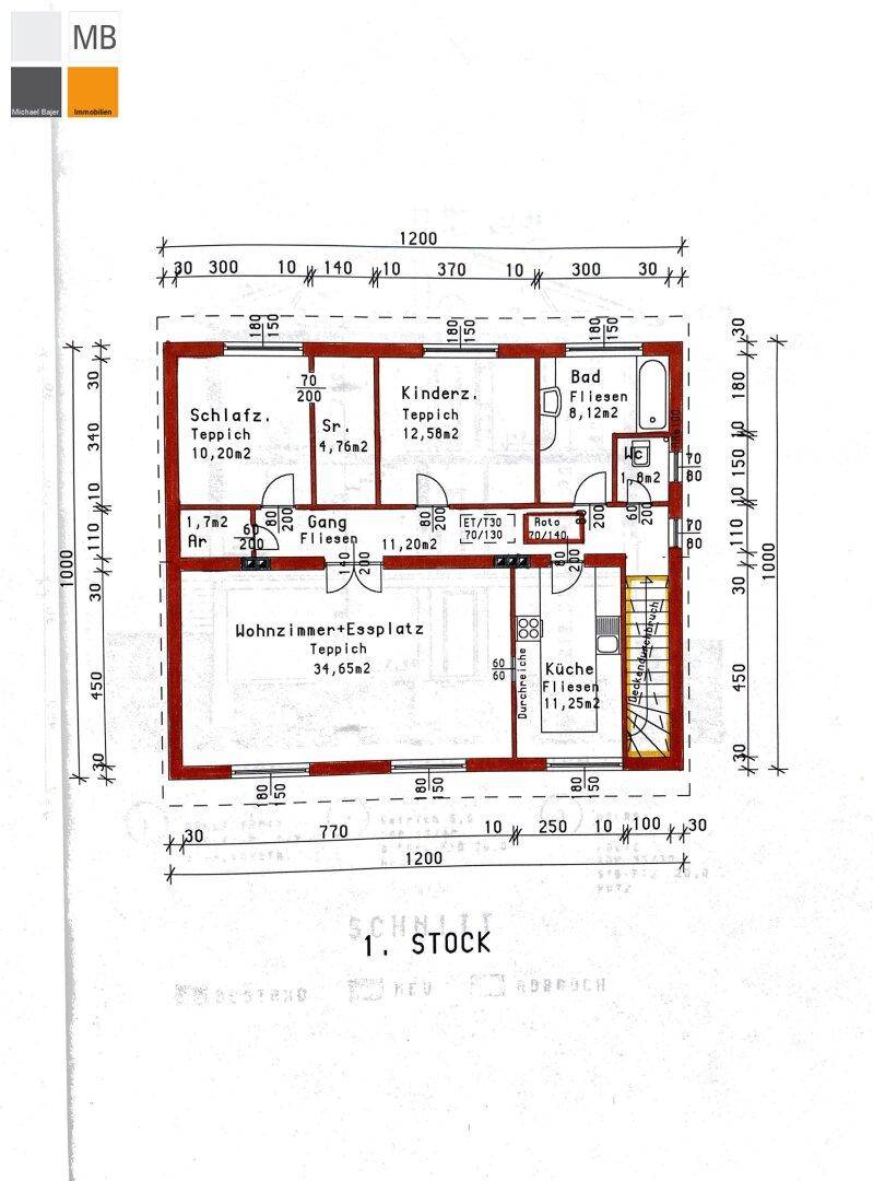 Grundriss des ersten Stocks mit Schlafzimmern, Kinderzimmer und einem Badezimmer.
