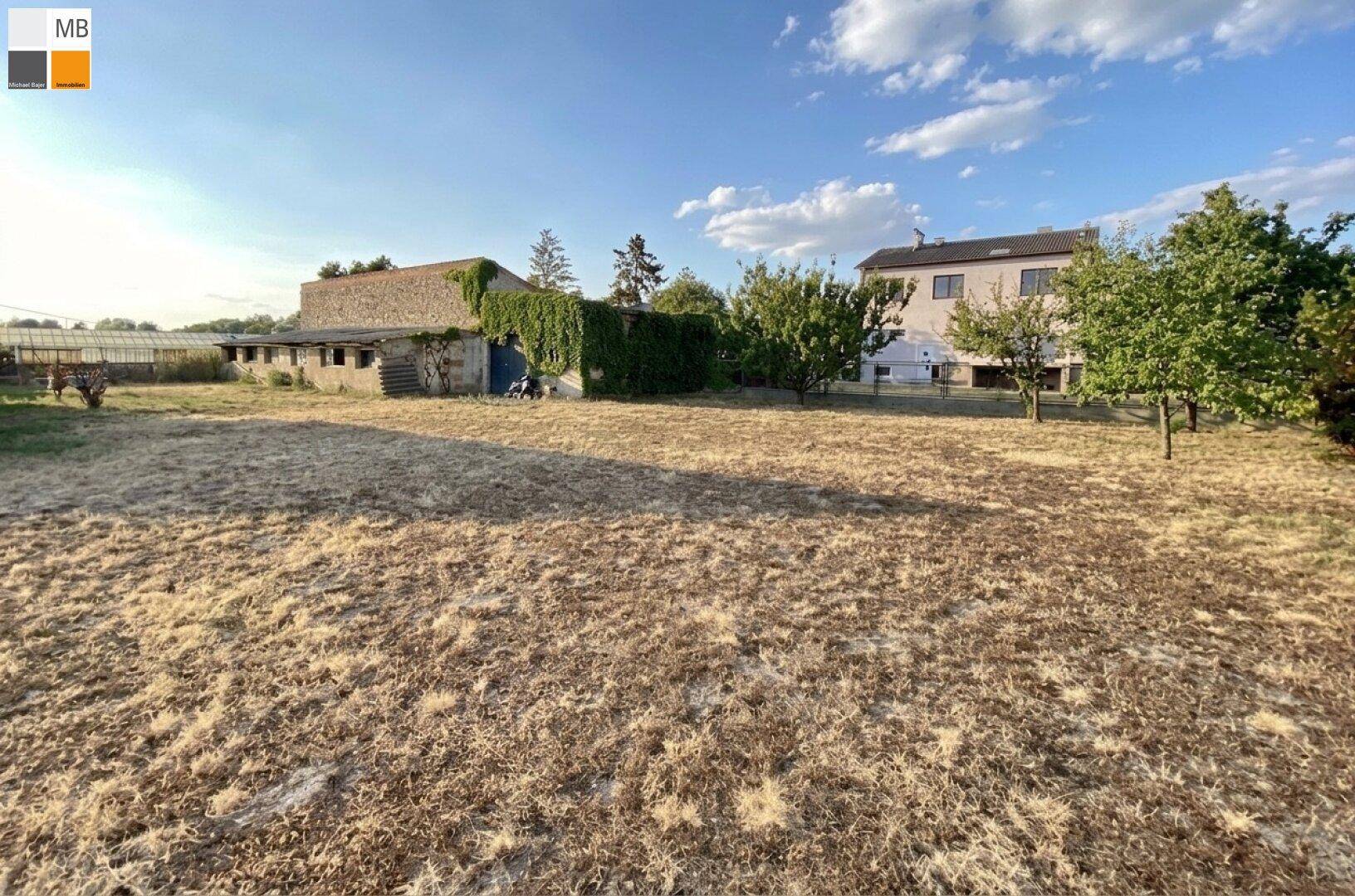 Weitläufiger Gartenbereich mit Nebengebäude und Blick auf das Haupthaus im Hintergrund.