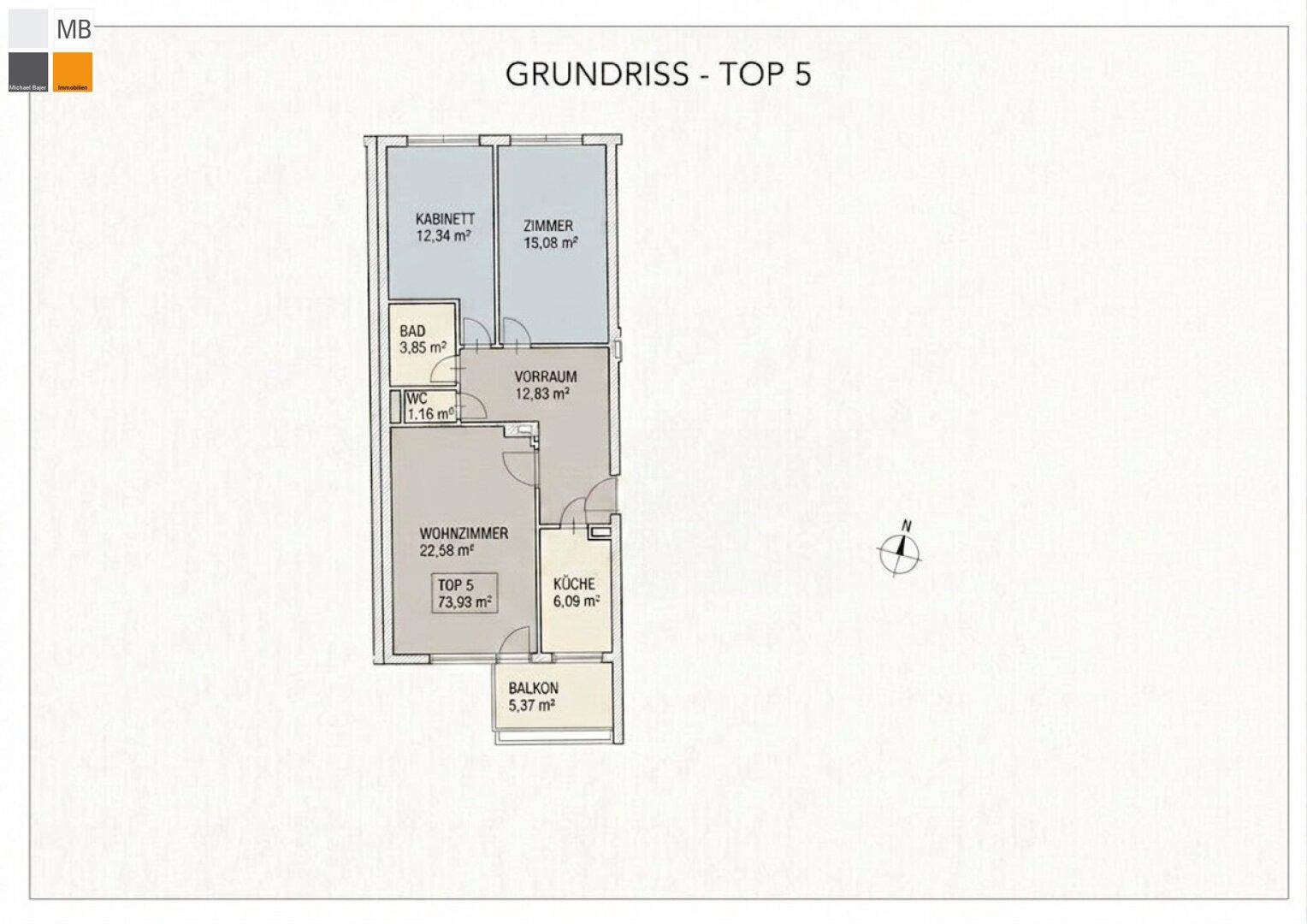 Grundriss der Wohnung Top 5 mit Zimmern, Bad, WC, Wohnzimmer, Küche und Balkon.