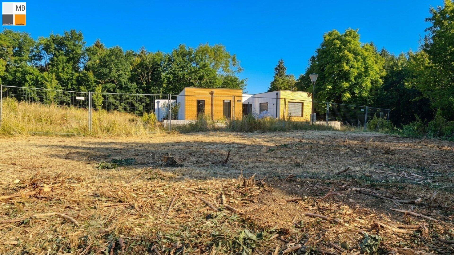 Gerodetes Grundstück mit neuem Gebäude im Hintergrund, umgeben von Bäumen unter blauem Himmel.