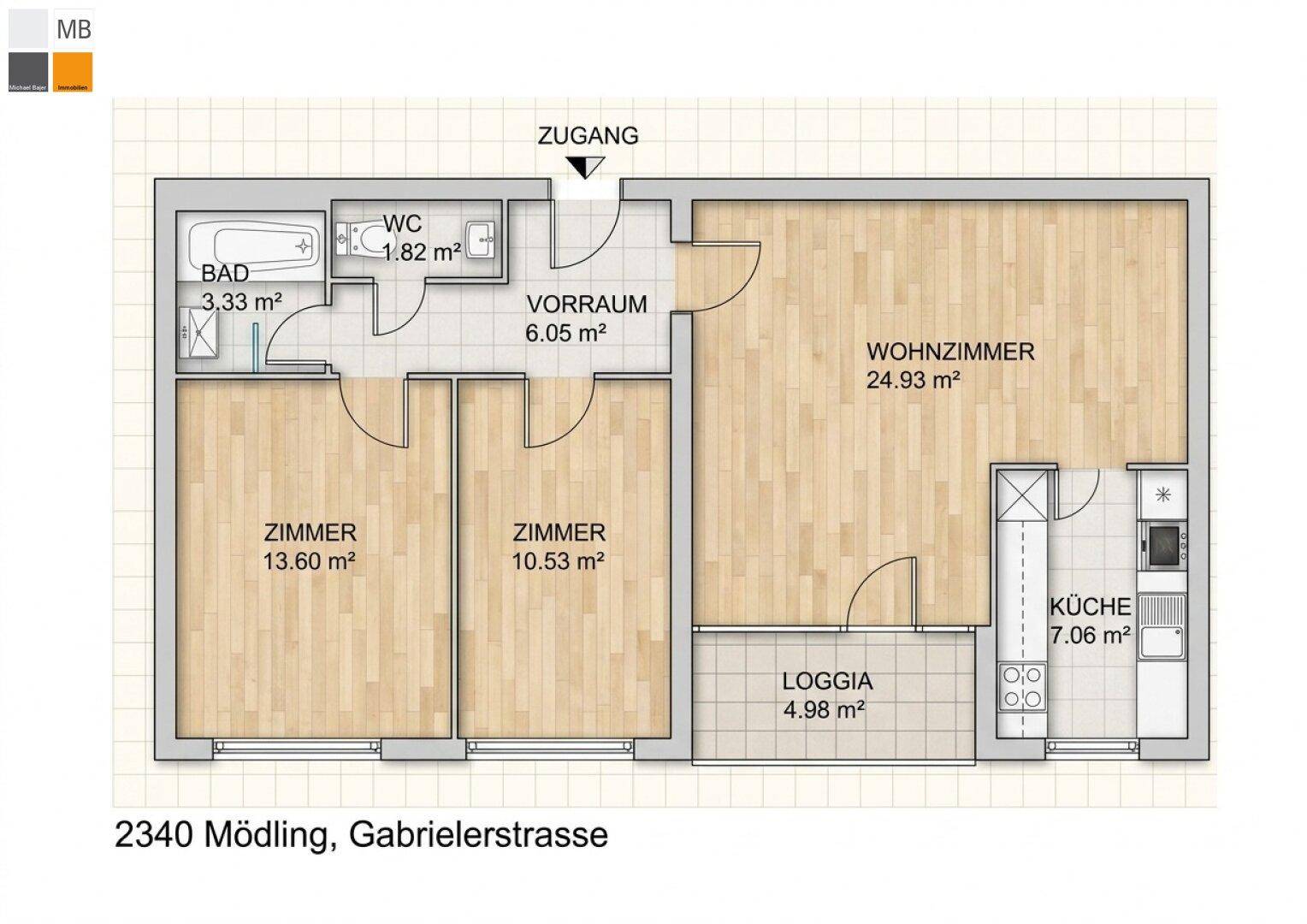 Grundriss der Wohnung mit Wohnzimmer, Küche, Bad und zwei Zimmern.