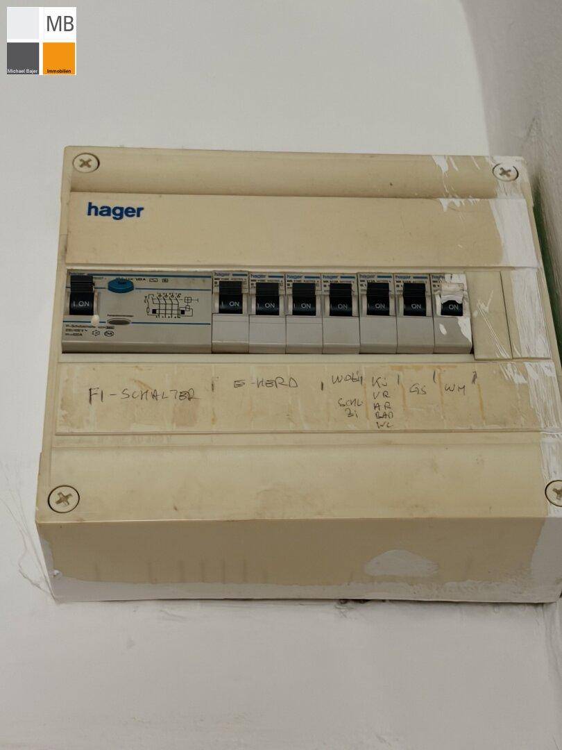 Elektrischer Sicherungskasten von Hager mit Beschriftungen für verschiedene Stromkreise.
