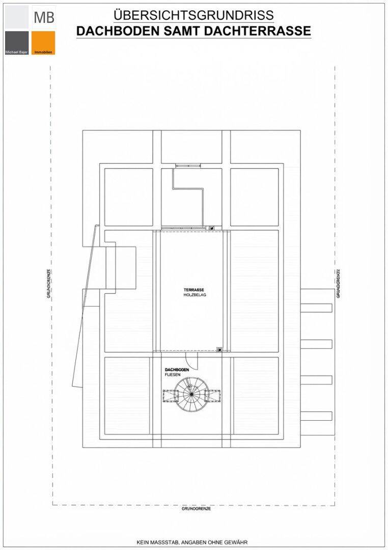 Grundriss des Dachbodens mit großer Dachterrasse und Holzbelag.