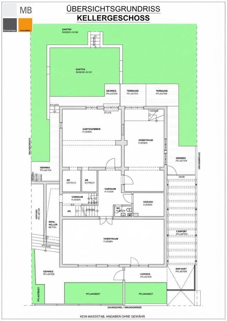 Grundriss des Kellergeschosses mit Hobbyräumen, Garten und Terrassen.