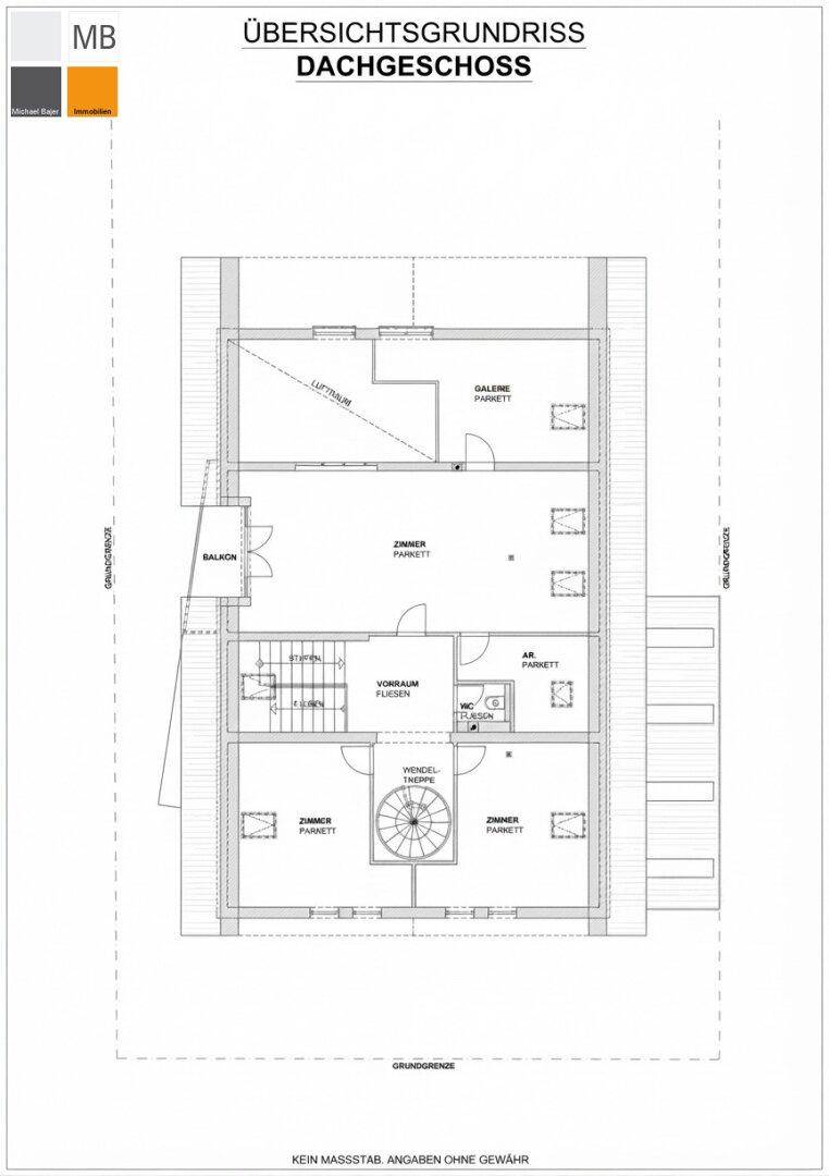 Grundriss des Dachgeschosses mit Zimmern, Galerie, Bad und Balkon.