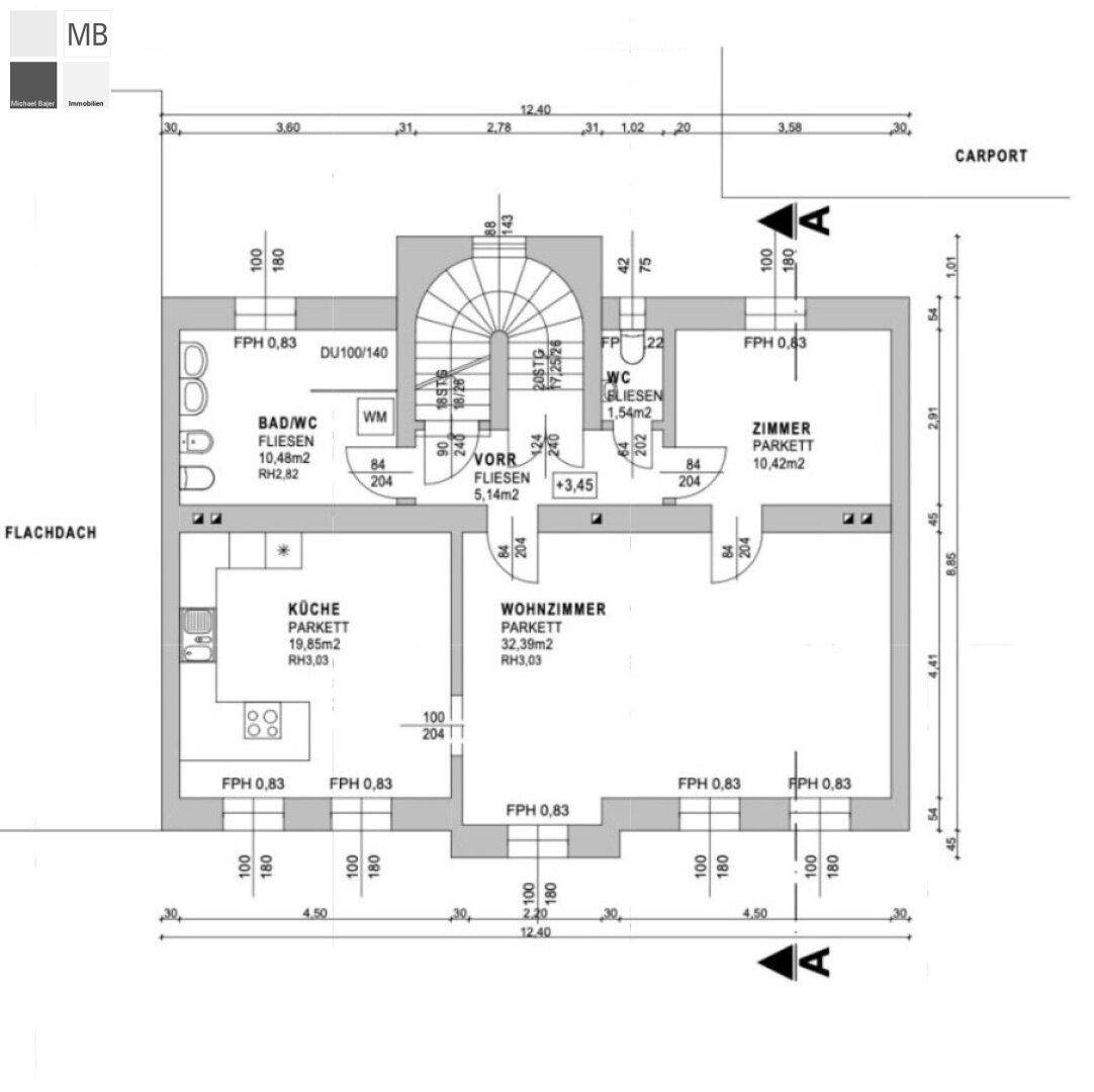 Grundriss des Obergeschosses mit Wohnzimmer, Küche und Bad/WC.