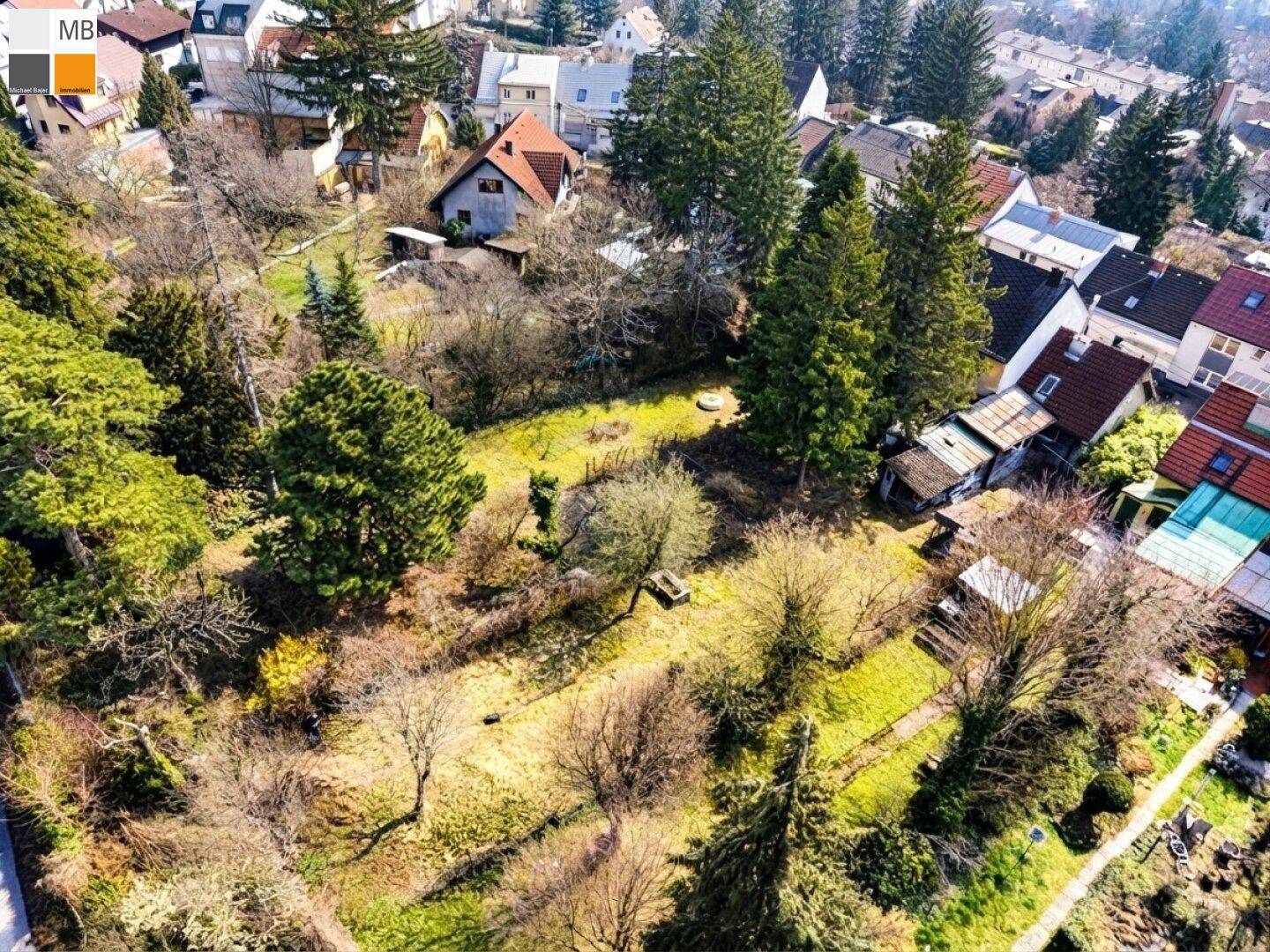 Großes Gartengrundstück mit vielen Bäumen und Grünflächen in einer Wohngegend.