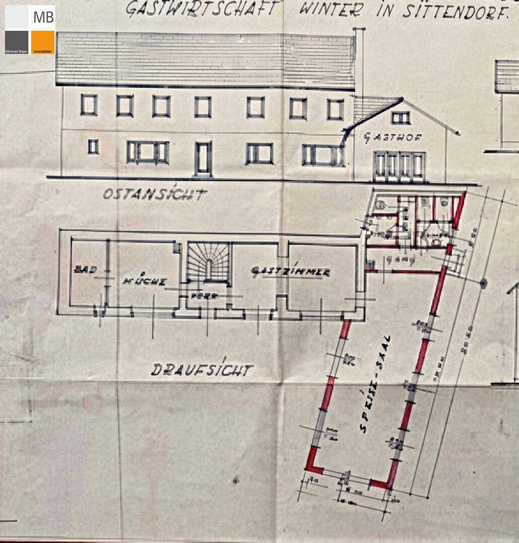Historischer Grundriss einer Gastwirtschaft mit Saal und verschiedenen Ansichten des Gebäudes.