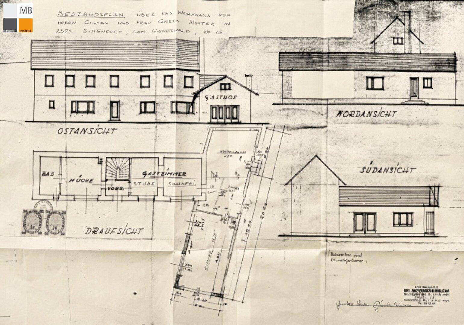 Detaillierter Bestandsplan eines Wohnhauses mit Gastwirtschaft, inklusive Grundriss und Ansichten.
