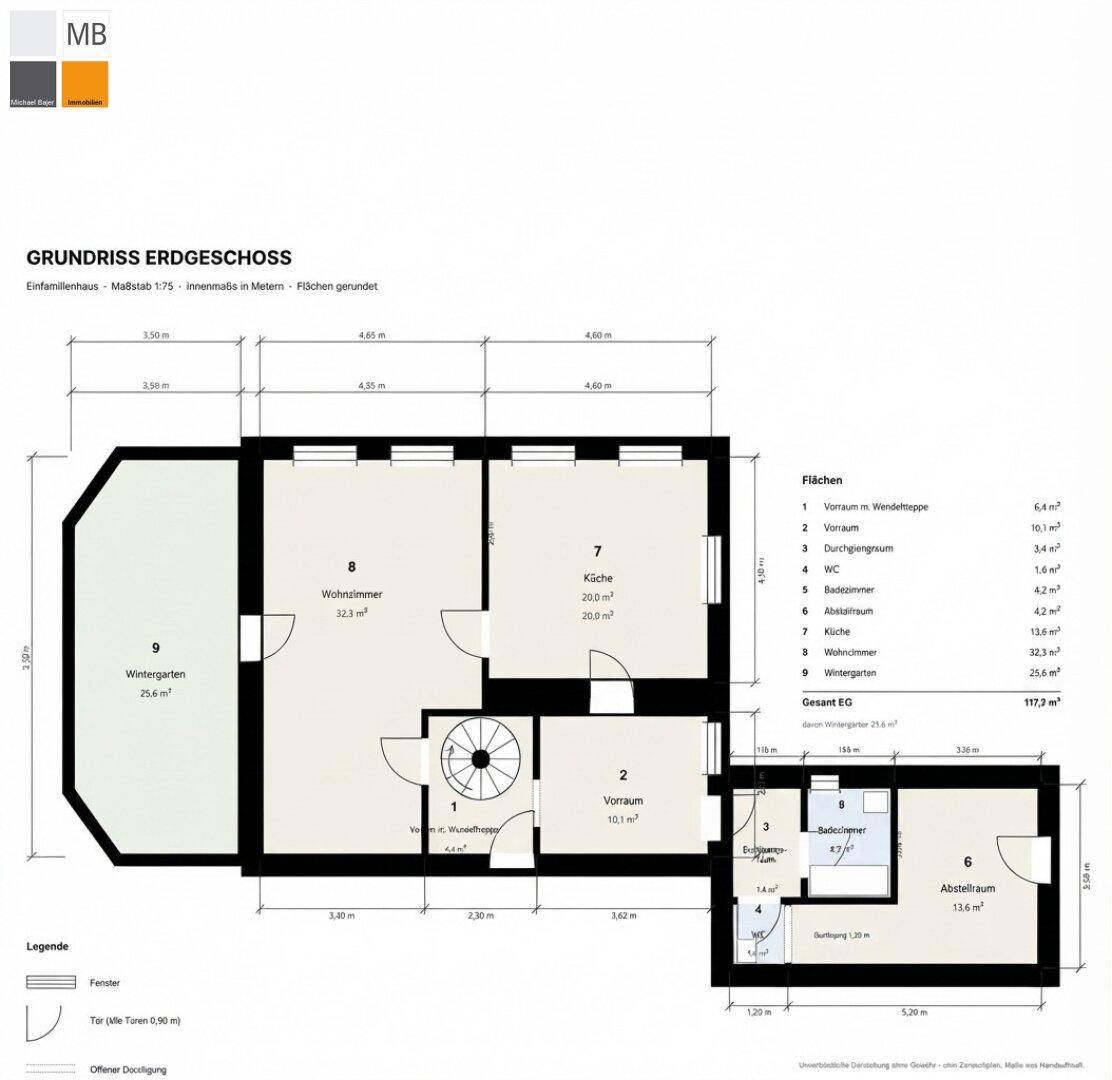 Grundriss des Erdgeschosses mit Wohnzimmer, Küche, Wintergarten und Abstellraum.