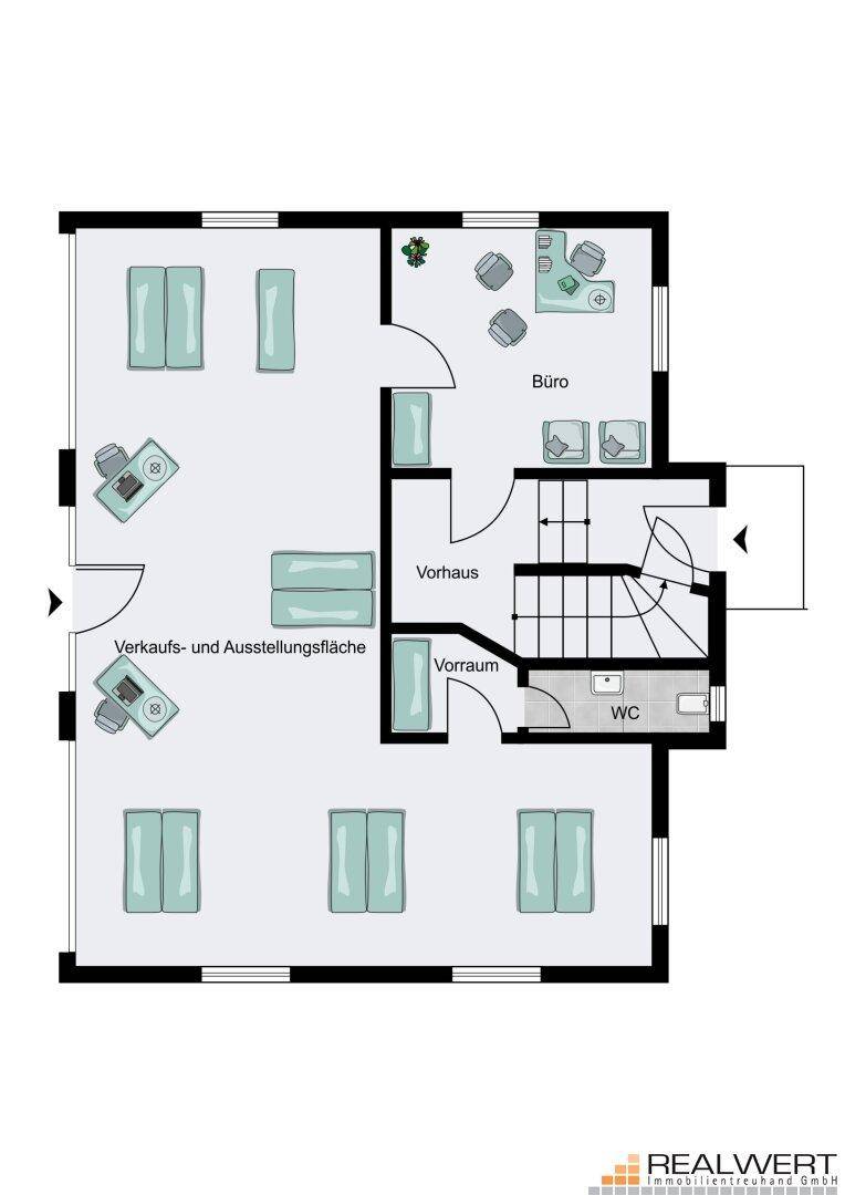 Grundrissplan des Erdgeschosses mit Büroflächen und separatem WC-Bereich.