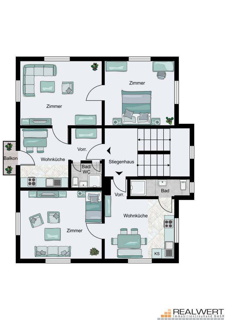 Grundrissplan einer Etage mit mehreren Zimmern, Wohnküche, Bad und Balkon.
