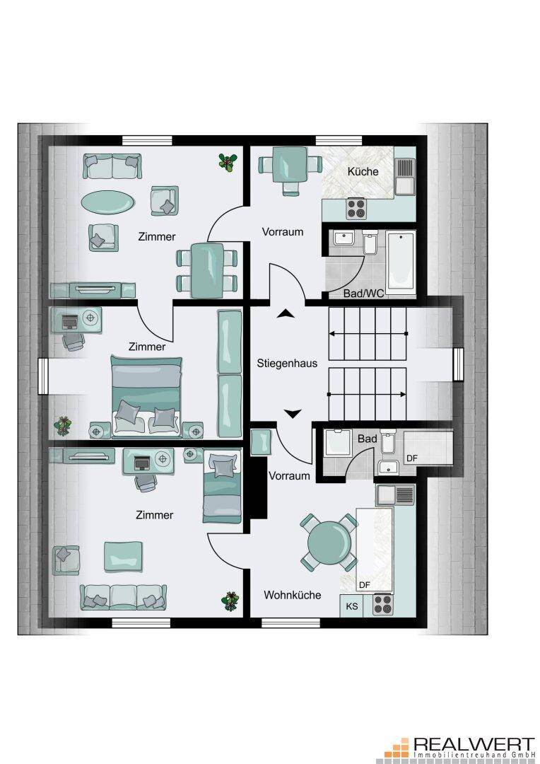 Grundrissplan einer Etage mit drei Zimmern, Wohnküche, Bad und separater Küche.