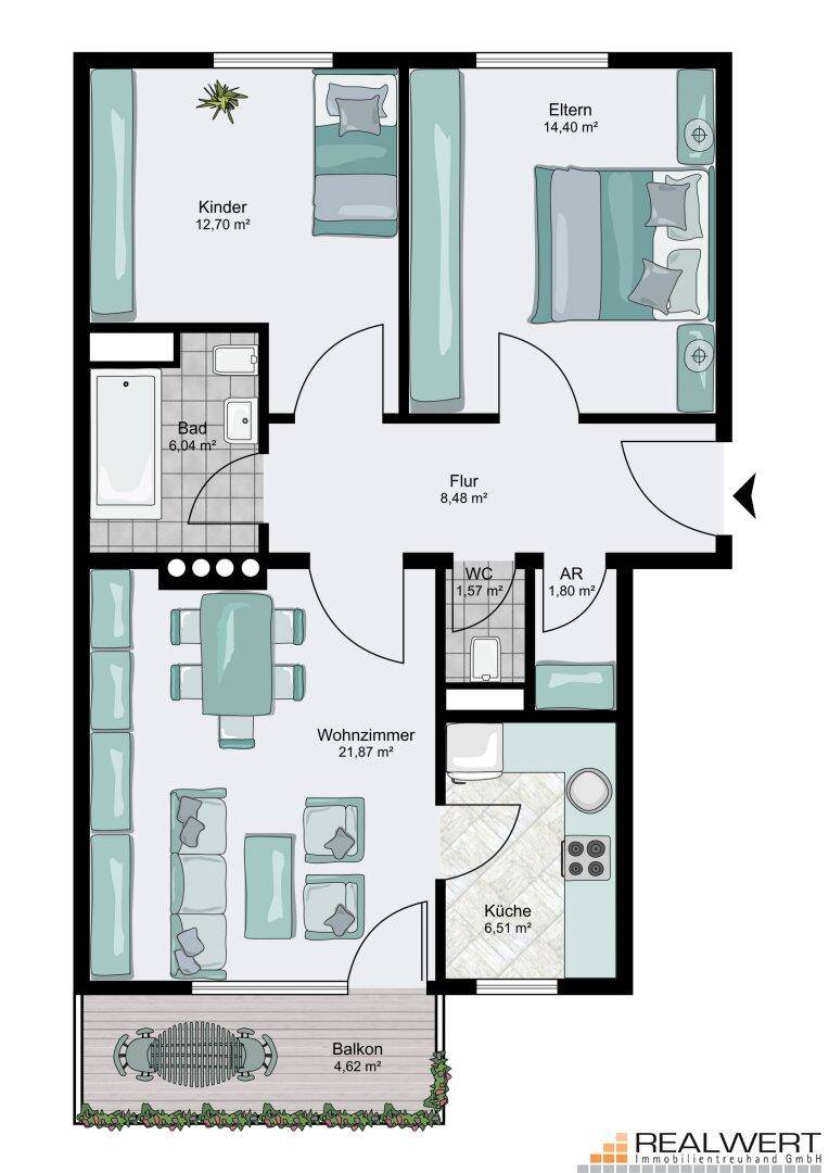 Detaillierter Grundriss einer Wohnung mit Wohnzimmer, Küche, zwei Schlafzimmern und Balkon.