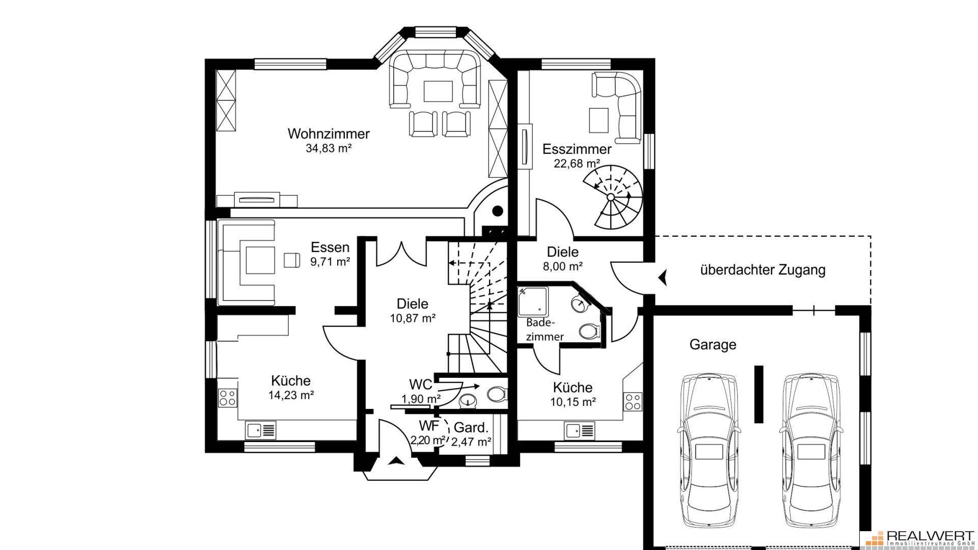 Grundriss des Erdgeschosses mit Wohnzimmer, Esszimmer, Küche, WC und Doppelgarage.