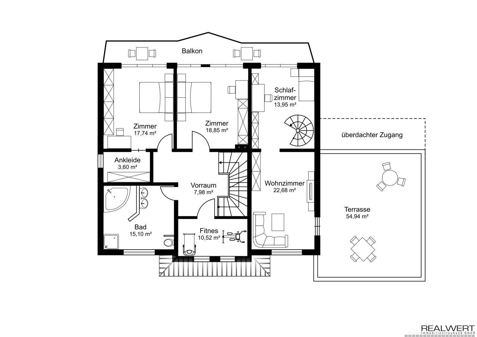 Grundriss des Obergeschosses mit Schlafzimmern, Bad, Wohnzimmer, Fitnessraum, Terrasse und Balkon.