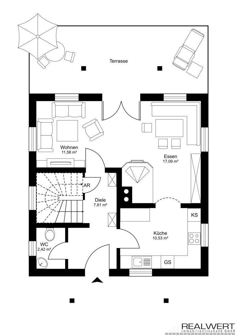 Grundriss des Erdgeschosses mit Wohn- und Essbereich, Küche, Diele, WC und großer Terrasse.