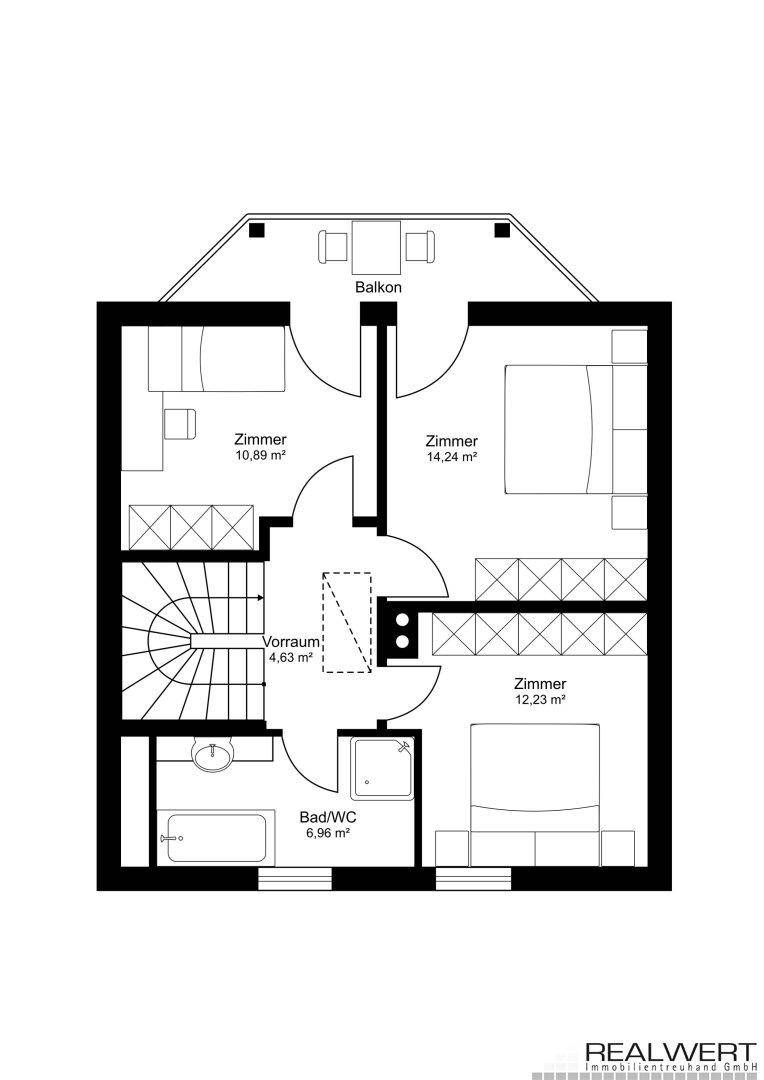 Grundriss des Obergeschosses mit drei Schlafzimmern, Bad/WC und einem Balkon.