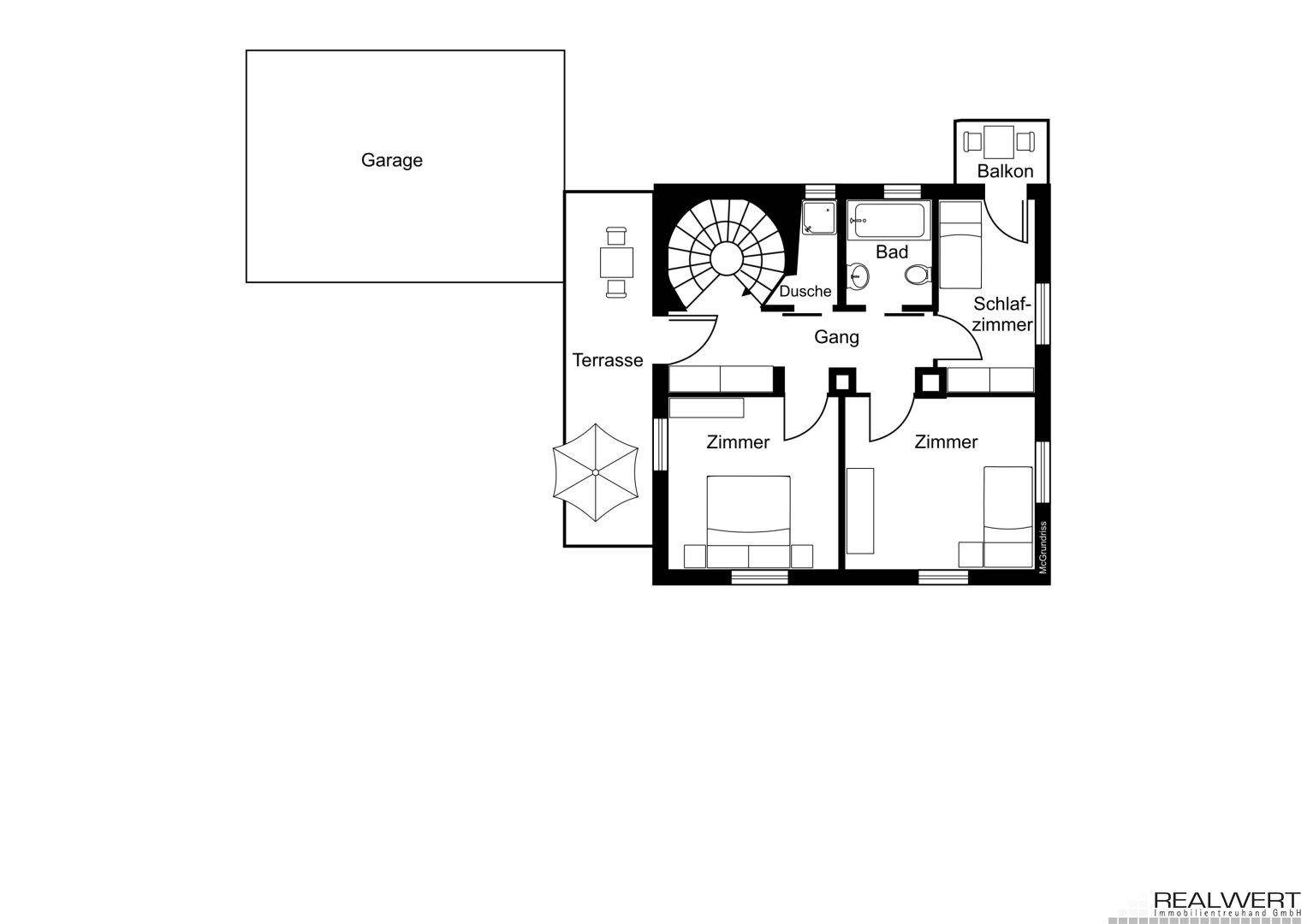 Grundriss des Obergeschosses mit drei Schlafzimmern, Bad, Dusche, Terrasse und Balkon.