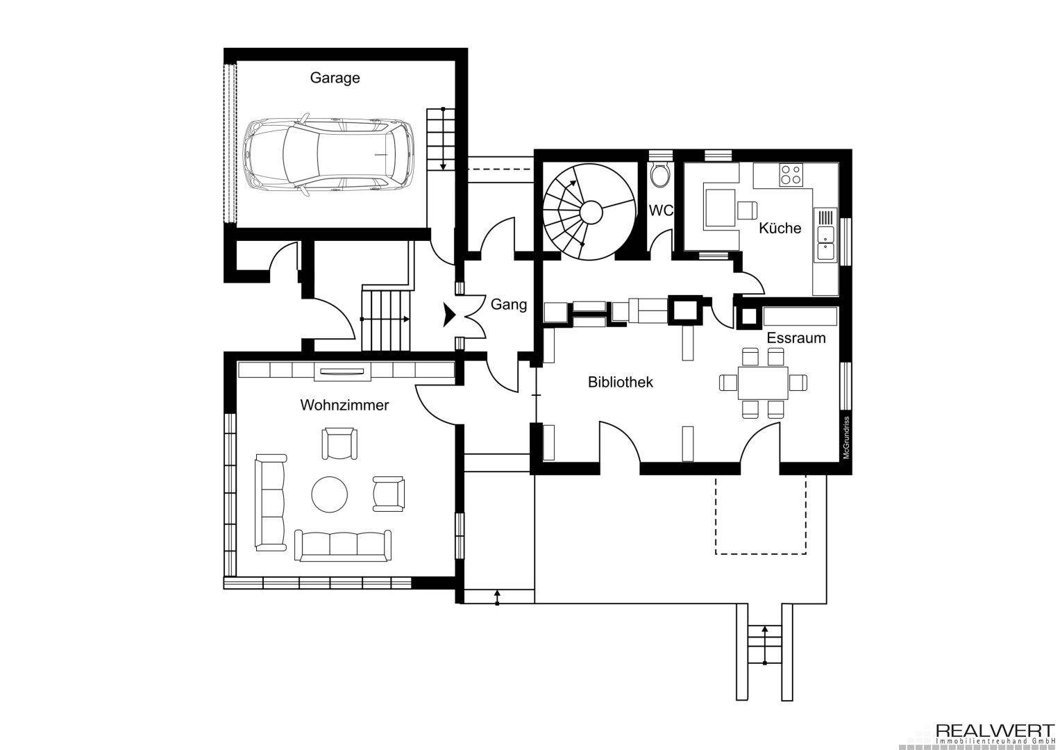 Grundriss des Erdgeschosses mit Wohnzimmer, Küche, Essbereich, Bibliothek und Garage.
