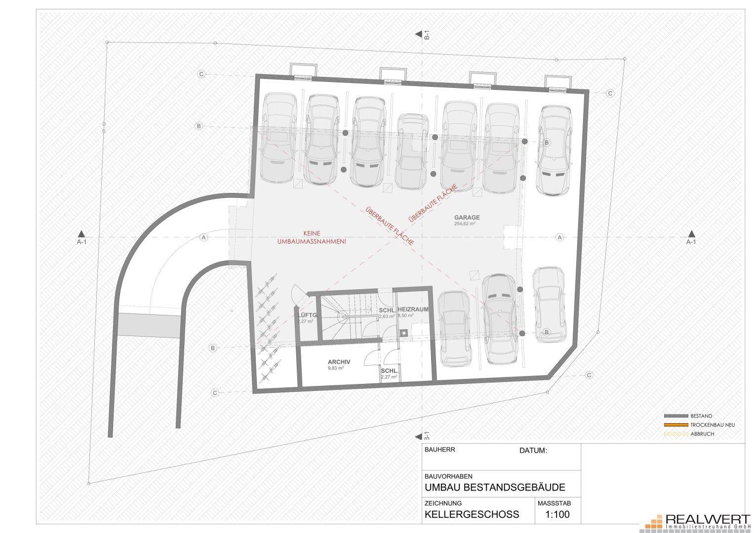 Grundriss des Kellergeschosses mit Tiefgarage, Archiv und Technikräumen.