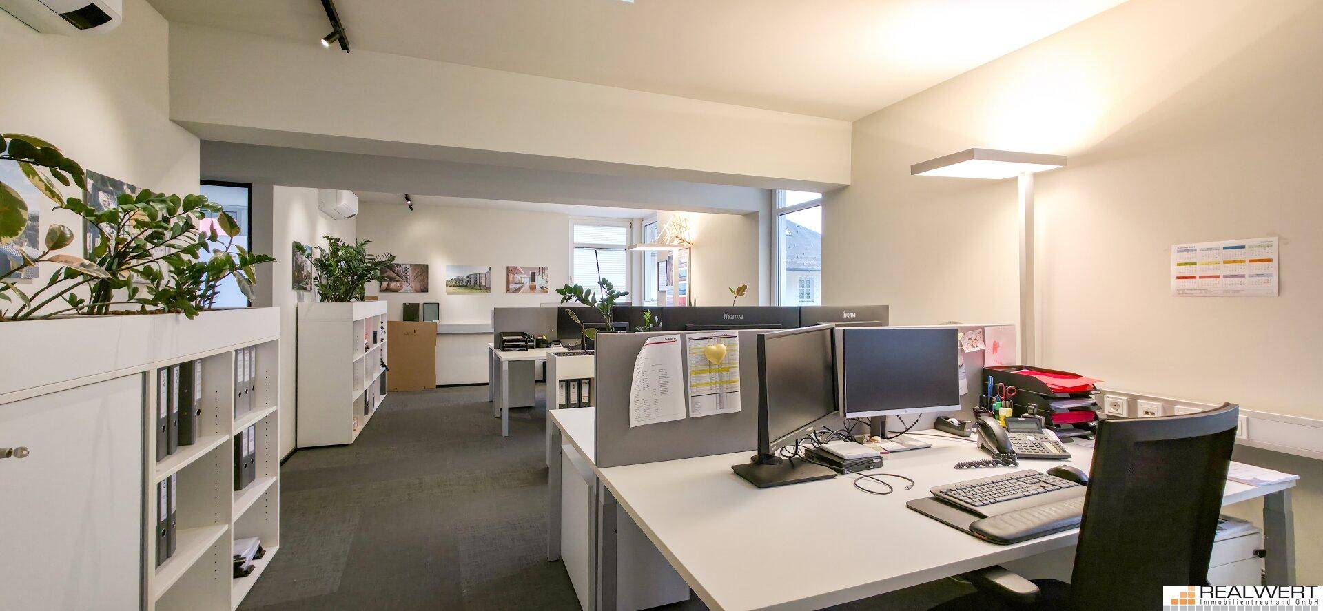Helles Großraumbüro mit ergonomischen Arbeitsplätzen, Teppichboden und großen Fenstern.