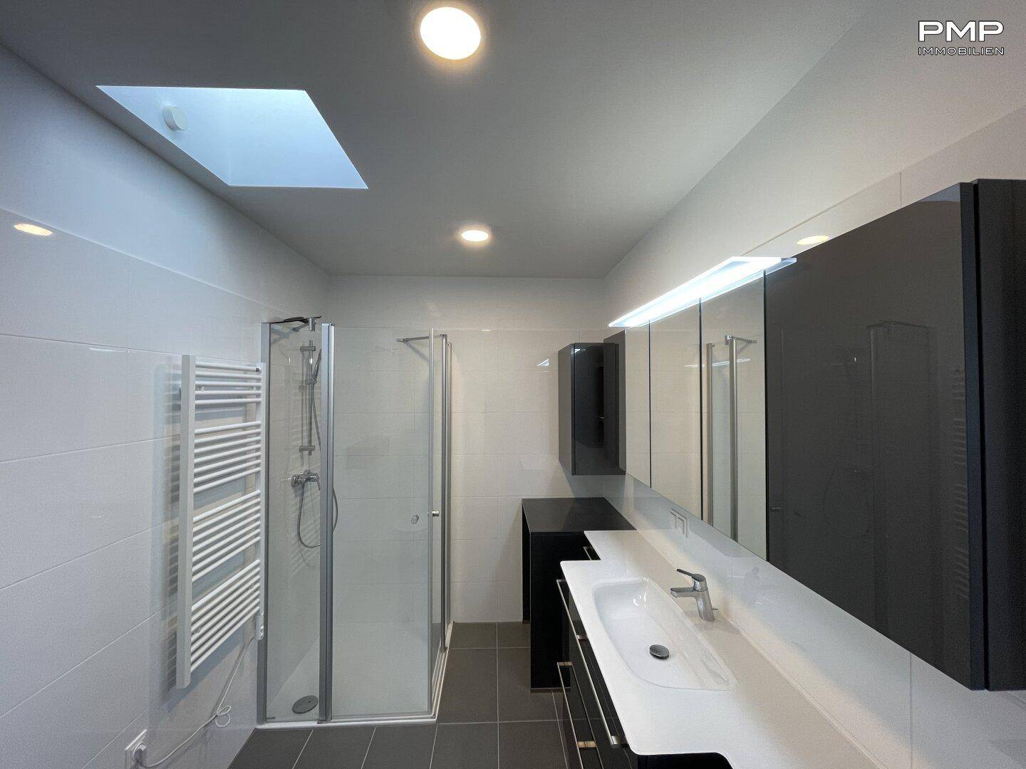 Modernes Badezimmer mit Dusche, Einzelwaschbecken und Spiegelschrank unter einem Dachfenster.