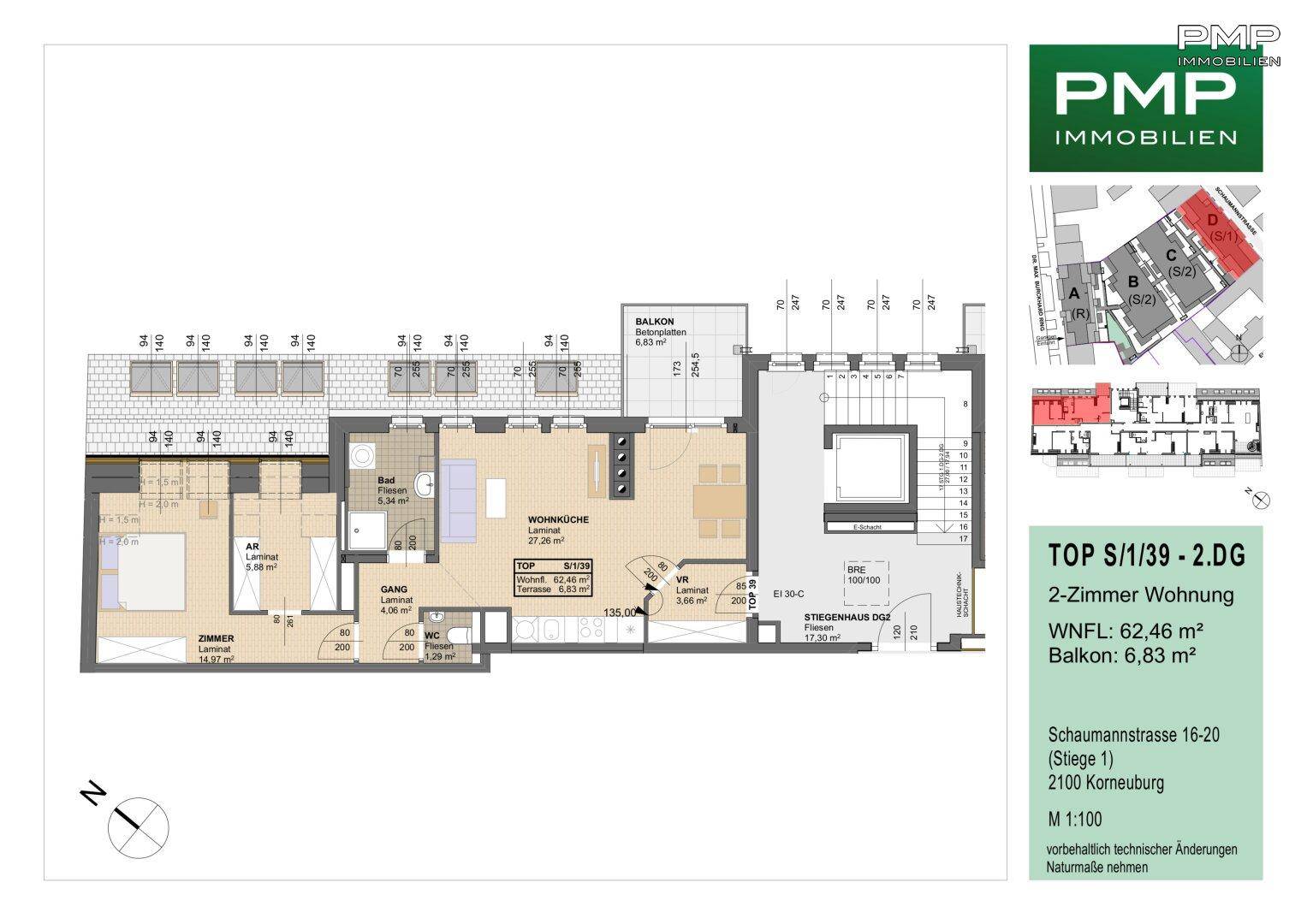 Grundriss einer 2-Zimmer-Wohnung mit Balkon und offener Wohnküche.