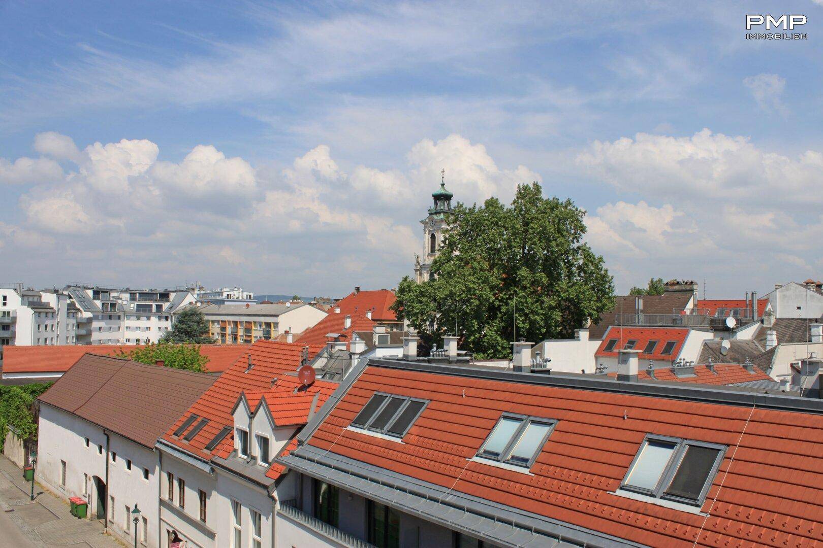 Weitblick über die Dächer der Stadt mit einem Kirchturm und vielen Dachfenstern.