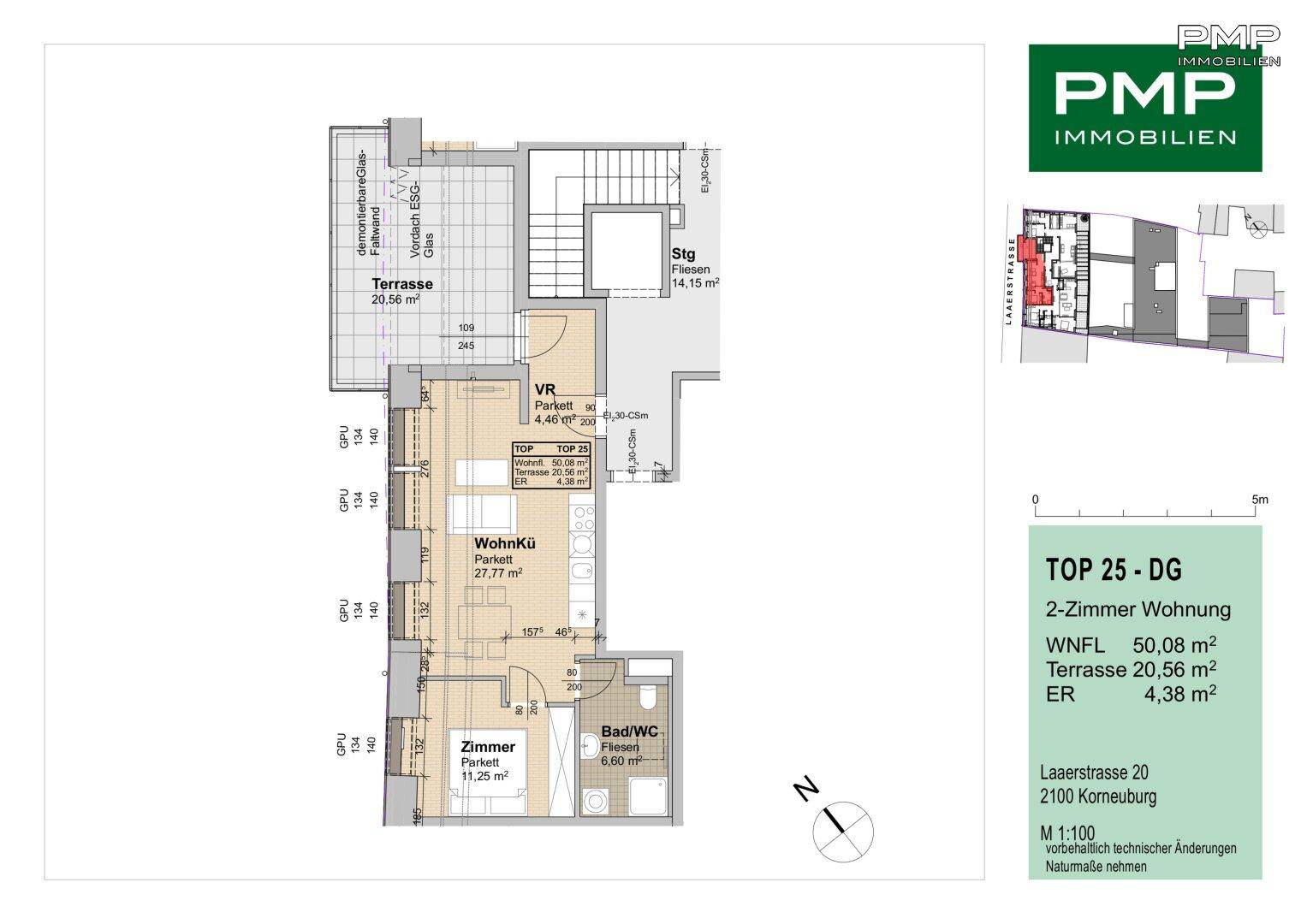 Grundriss der 2-Zimmer-Wohnung TOP 25 im Dachgeschoss mit Terrasse.