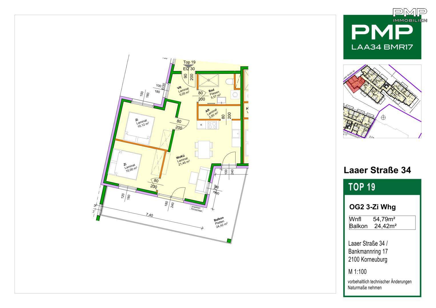 Grundriss der Wohnung Top 19 mit 2 Schlafzimmern und Balkon.