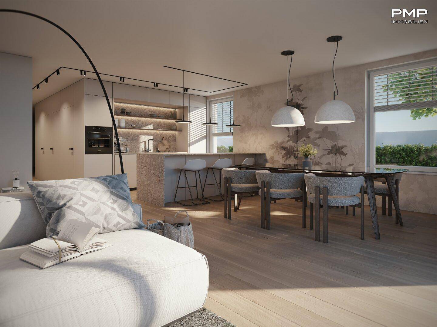 Offene Küche mit Essbereich und modernem Design, verbunden mit dem Wohnbereich und großen Fenstern.