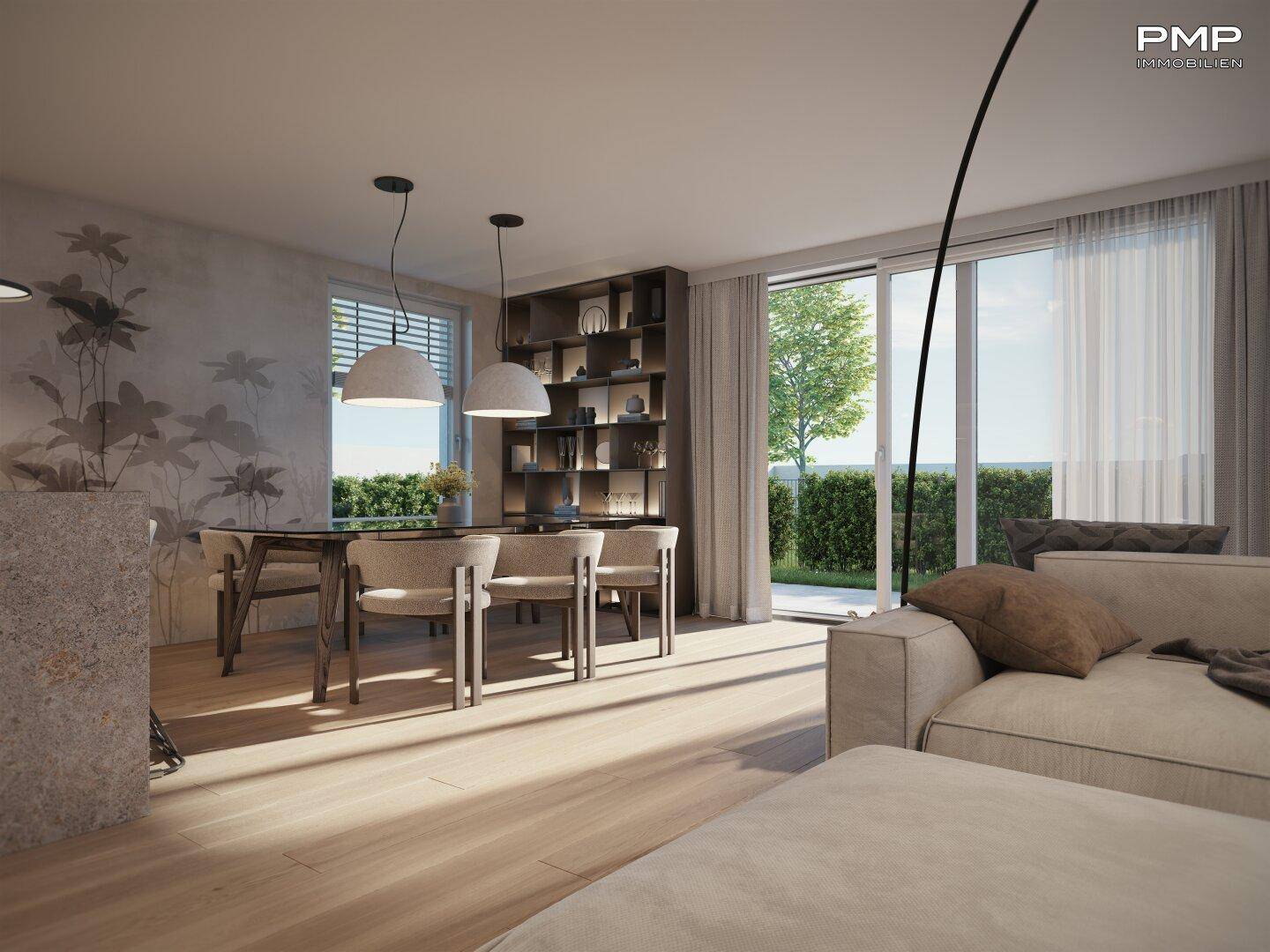 Essbereich mit modernem Tisch und Stühlen, verbunden mit dem Wohnzimmer und Zugang zum Außenbereich.