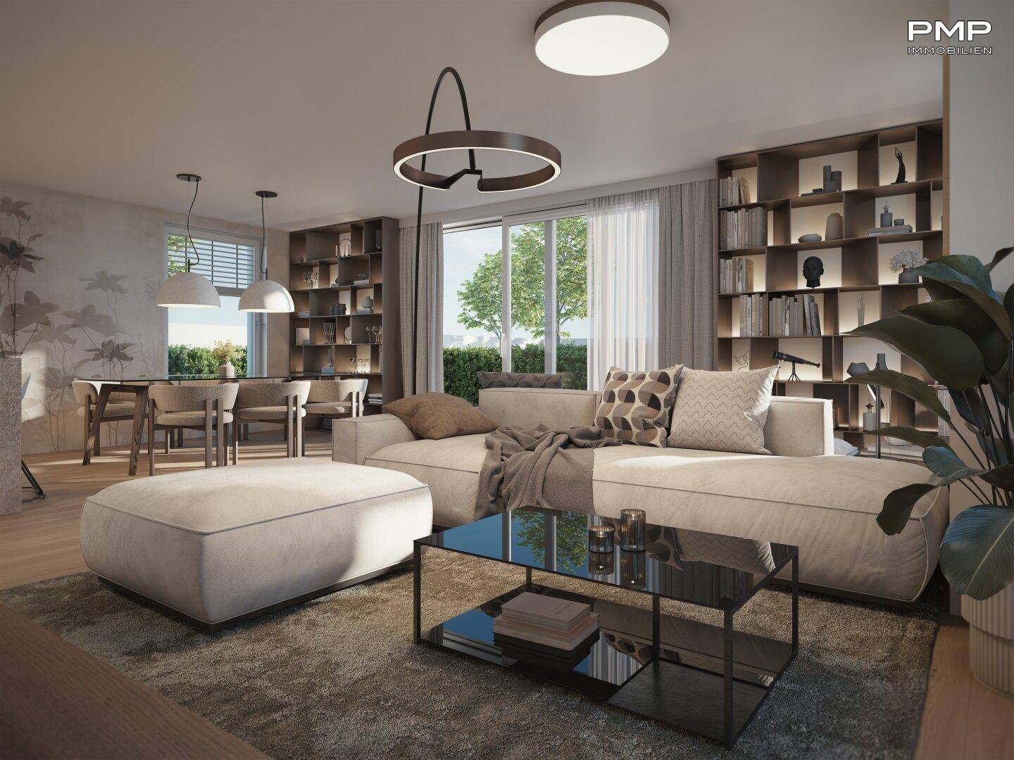 Geräumiger Wohn- und Essbereich mit modernem Interieur, Bücherregalen und Holzboden.