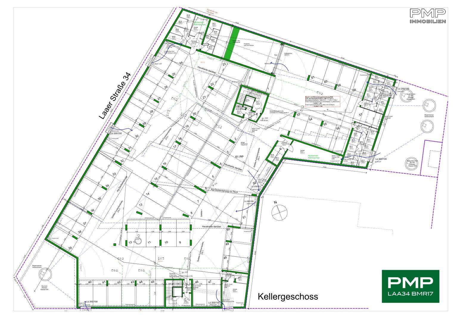 Grundriss des Kellergeschosses mit Abstellräumen und Tiefgaragenstellplätzen.