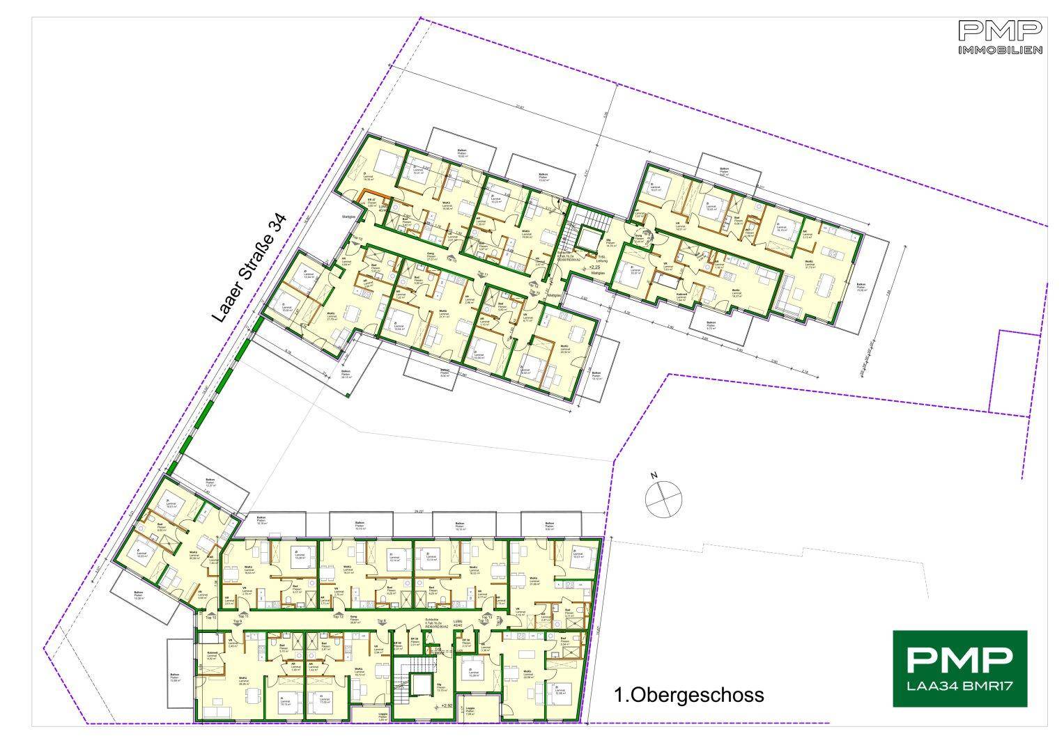 Grundriss des ersten Obergeschosses der Wohnanlage mit zahlreichen Wohneinheiten.
