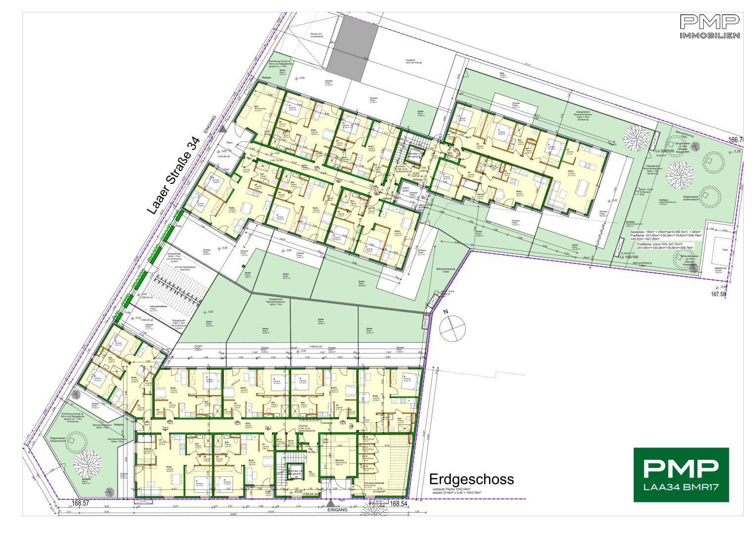 Grundriss des Erdgeschosses der Wohnanlage mit mehreren Wohneinheiten und Gärten.