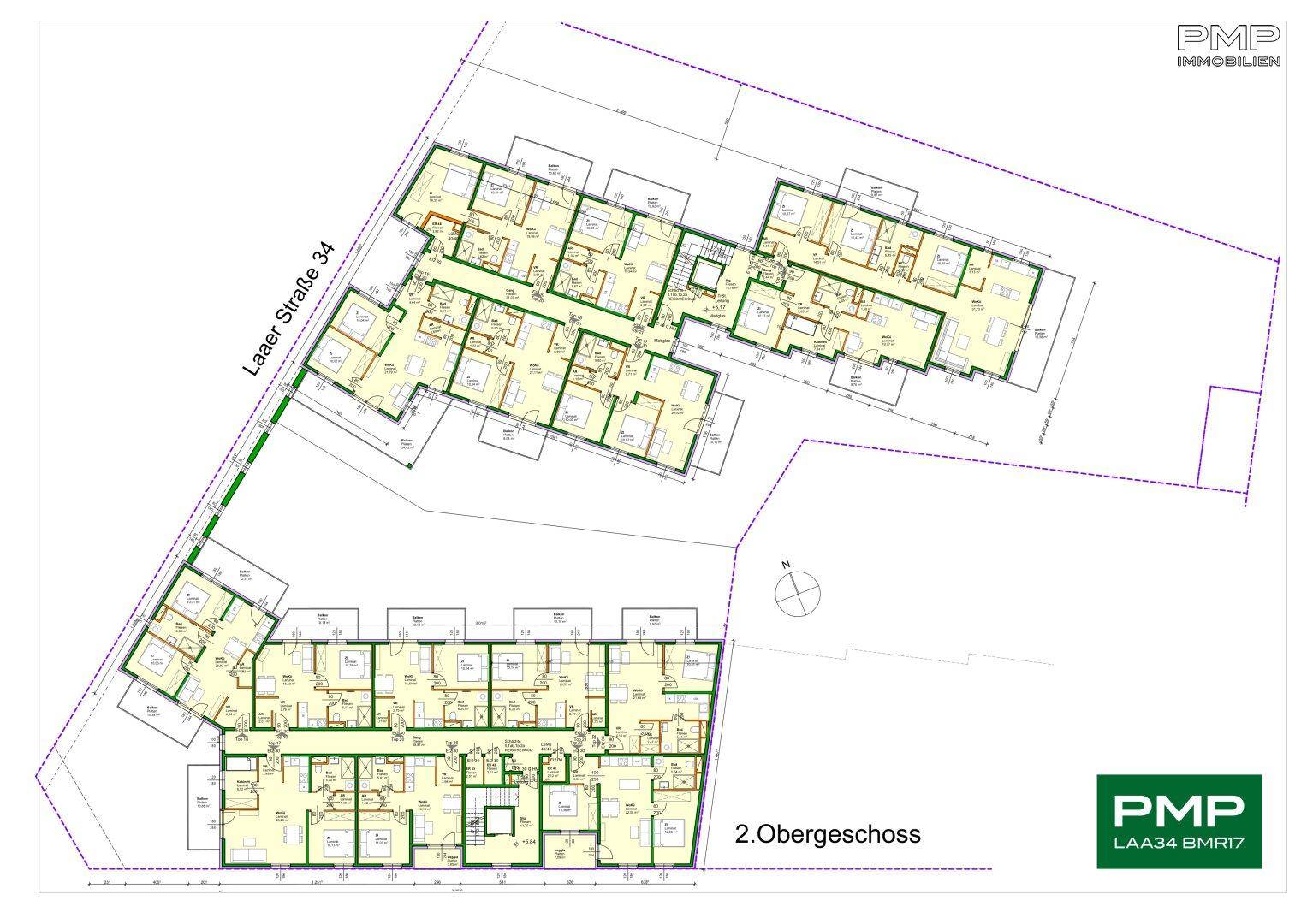 Grundriss des zweiten Obergeschosses der Wohnanlage mit verschiedenen Wohnungstypen.
