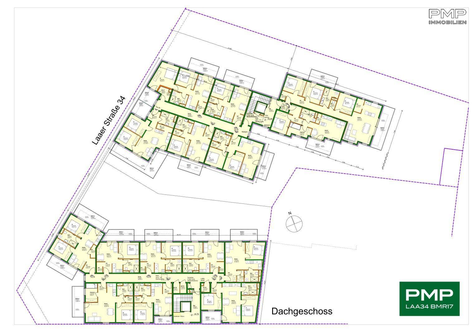 Grundriss des Dachgeschosses der Wohnanlage mit Wohnungen und Dachterrassen.